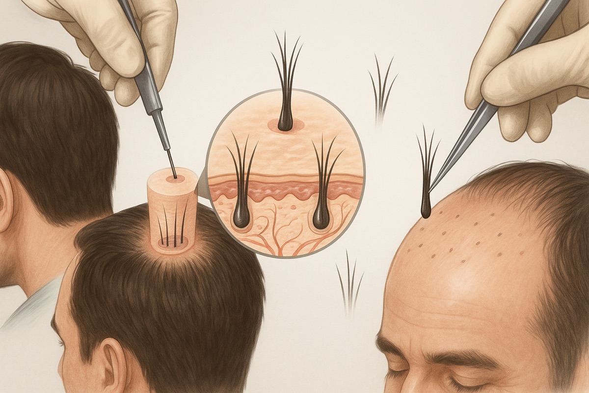 Schéma de microgreffe capillaire : unités folliculaires prélevées et réimplantées