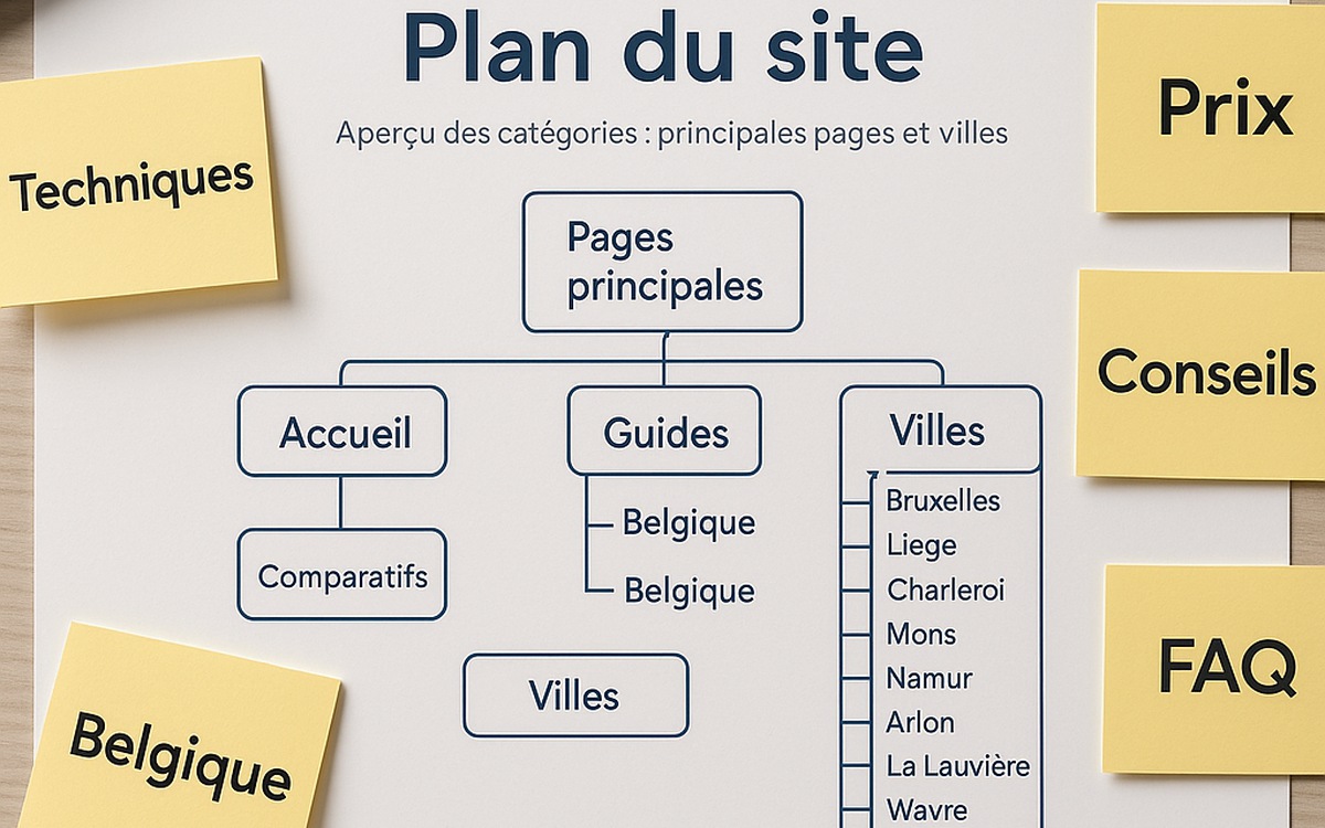 Aperçu des catégories du site : principales pages et villes