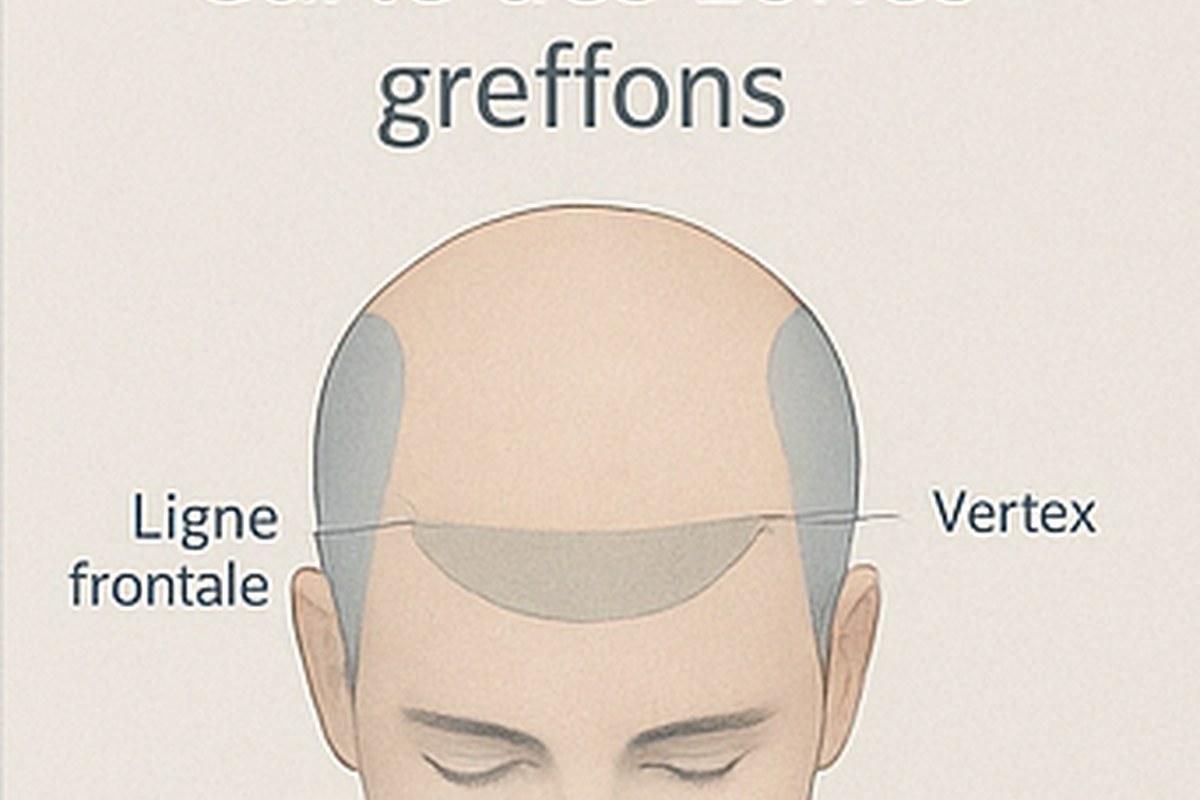 Carte des zones (ligne frontale, mid-scalp, vertex) et répartition des greffons